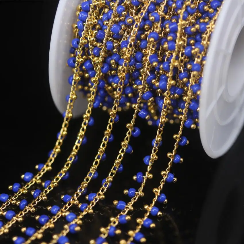 

5Meter/lot,Lapis Blue Glass Tiny Cube Beads Rosary Chain,Plated Golden Brass Wire Wrapped Rondelle Women Sweater chains Jewelry