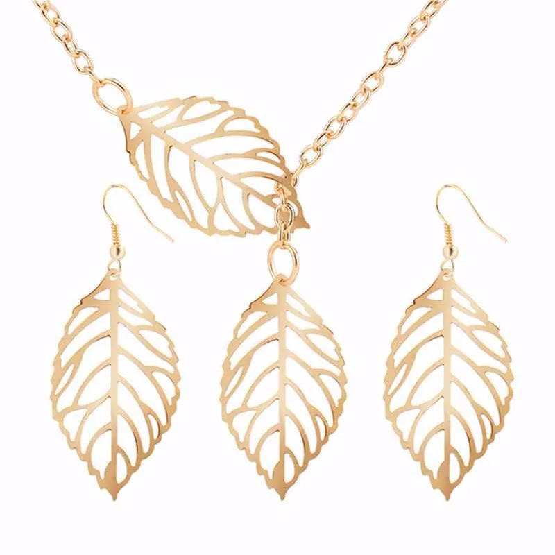 New Fashion Jewellery Sets Simple Leaves Hollow Pendants Pendants Earrings Chains & Necklaces Jewellery Set Gifts