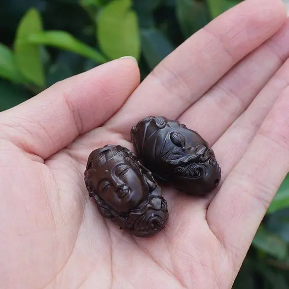 1pcs 35X22mm Natural Black Sandalwood Carved Guanyin Wooden Pendant Loose Mala Space Beads Finding DIY Jewelry Accessories Wood