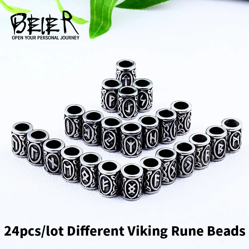 Beier 316L stainless steel viking odin's 24PCS/Lot (Full Set-1pc/style*24) Viking Runes Beads For Men Necklace Pendant Jewelry