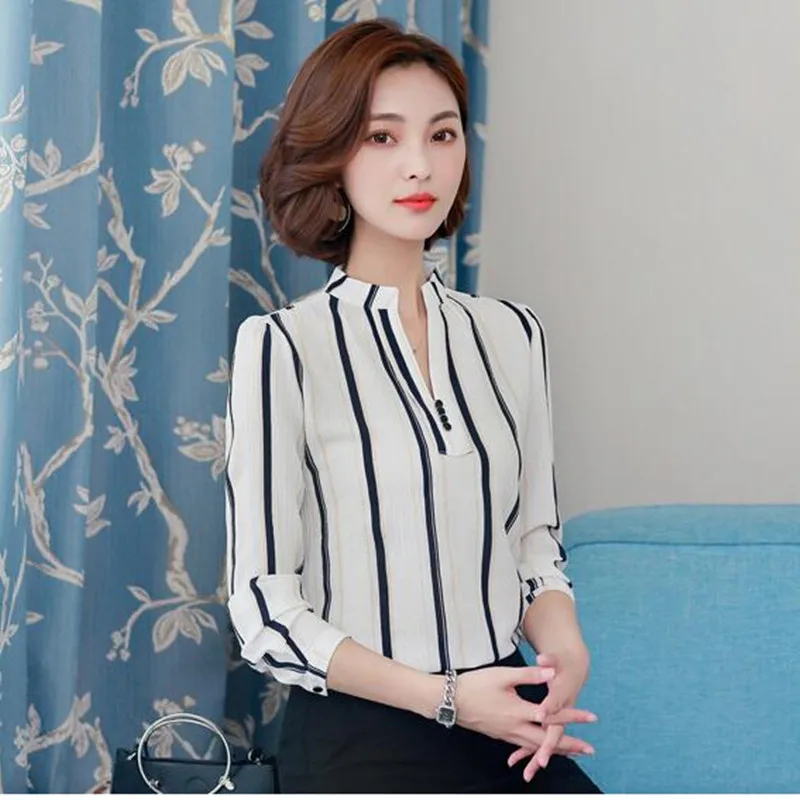 Spring Autumn Chiffon Shirt Women V-collar Striped Casual Blouse Office Ladies Temperament Thin Fashion Plus Size Work Top H9138