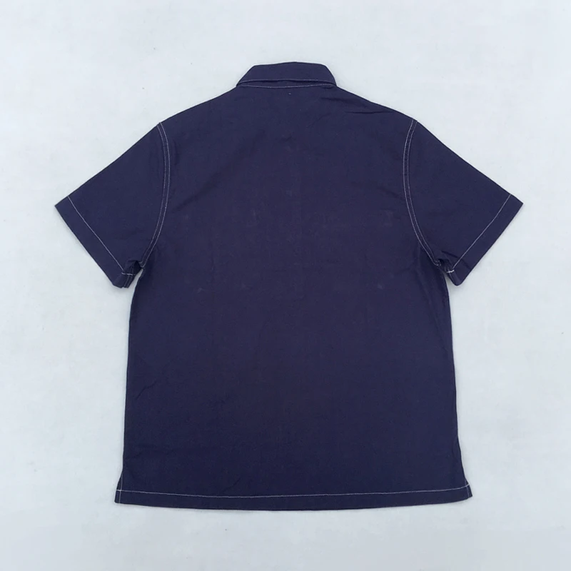 BOB DONG Cotton Linen Half Button Down Shirts Indigo Vintage Short Sleeve Tee