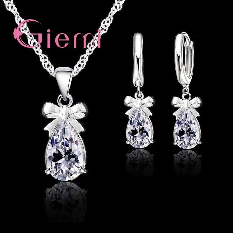 Stylish Bowknot Silver Color With White Stone Cubic Zirconia Dangle Earring Pendant Necklace Woman Jewelry Set