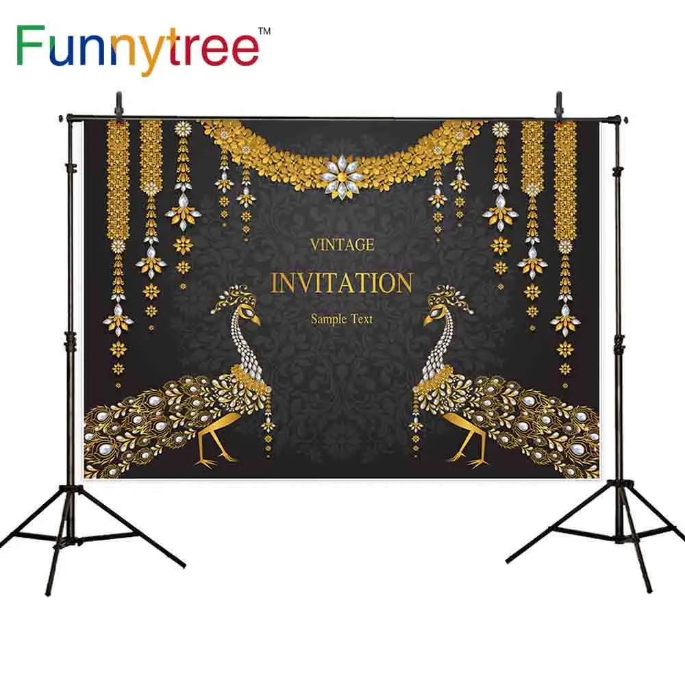 Funnytree backdrop for photo studio Wedding Invitation gold patterned peacock Indian photography background photocall printed