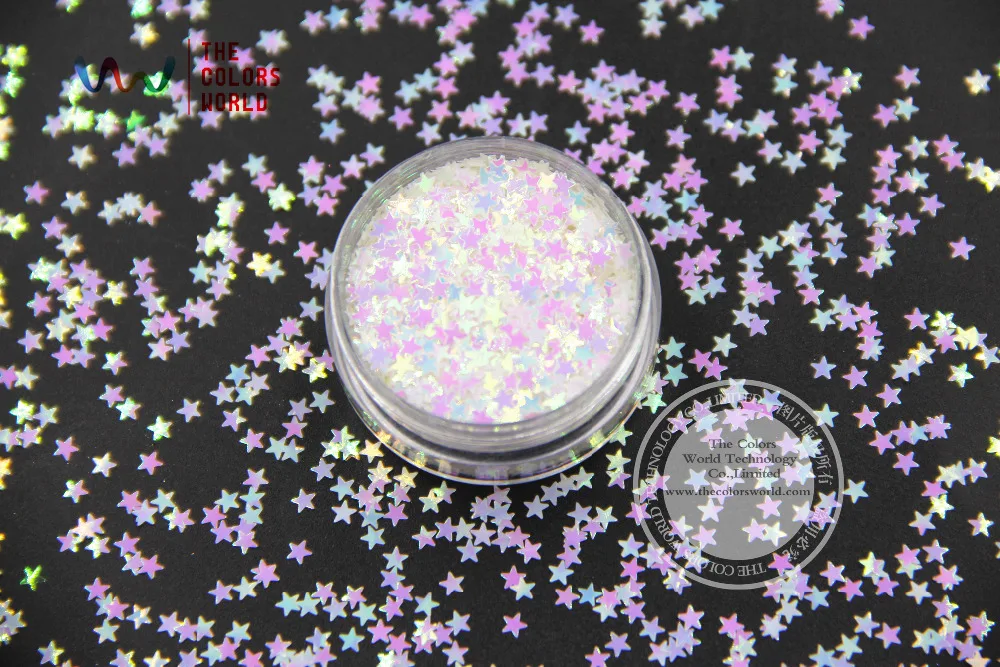 TCI03 Parelmoer Regenboog Wit Roze Licht Kleuren Sterren vorm 3.0 MM Size Glitter voor nail Art nail gel make of DIY decoratie