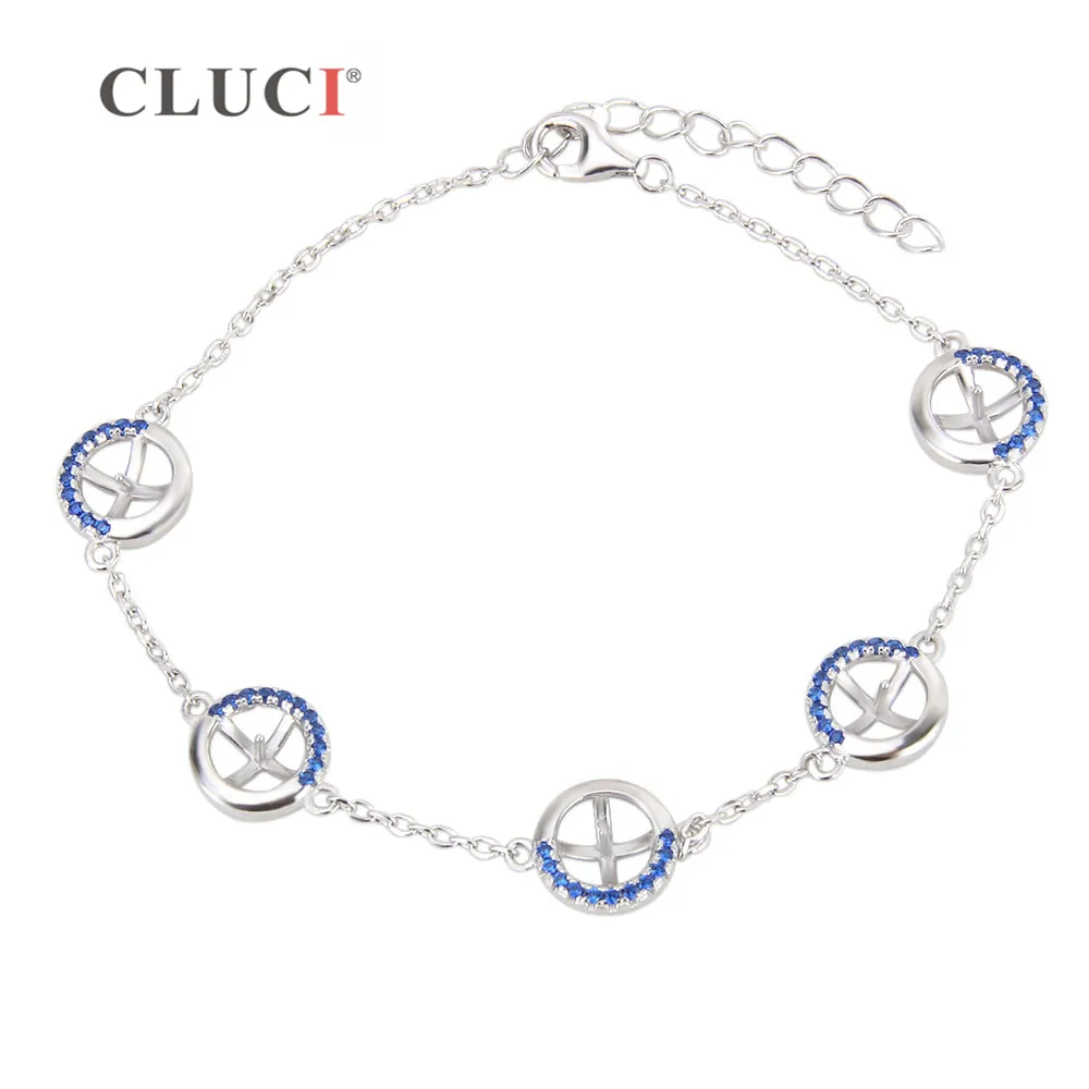 

CLUCI 925 Sterling Silver Pearl Bracelet Mounting Women Fashion Blue Zircons Bracelet Female Brand 100% Silver Jewelry SB061SB