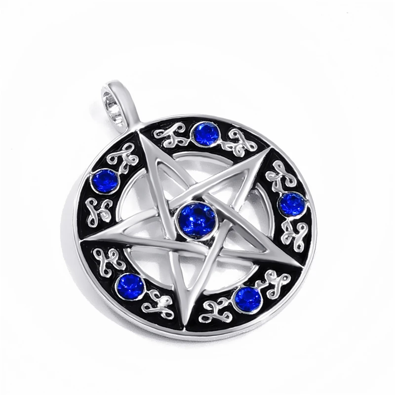 Mens Womens Blue Cubic Zirconias Pentacle Pentagram Star Pewter Pendant Necklace Jewelry LP207G