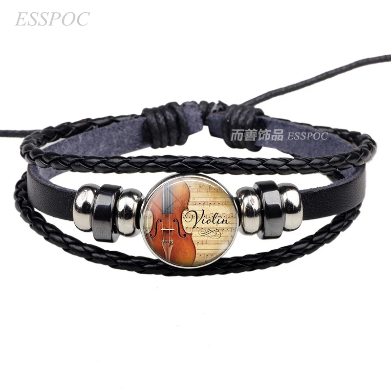 Fashion Music Accessories Musical Instrument Glass Dome Violin Clarinet Flute Black Braid Leather Pendant Jewelry Bracelet Gift