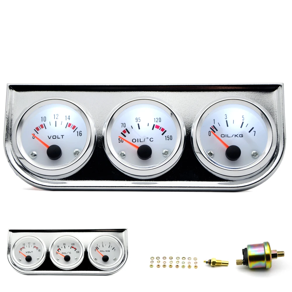 Oil Temp Oil Pressure Volt Gauge 52mm 3 in 1 Triple Gauge Kit Black/Chrome Bezel Black/White Face With Temp&Pressure Sensor