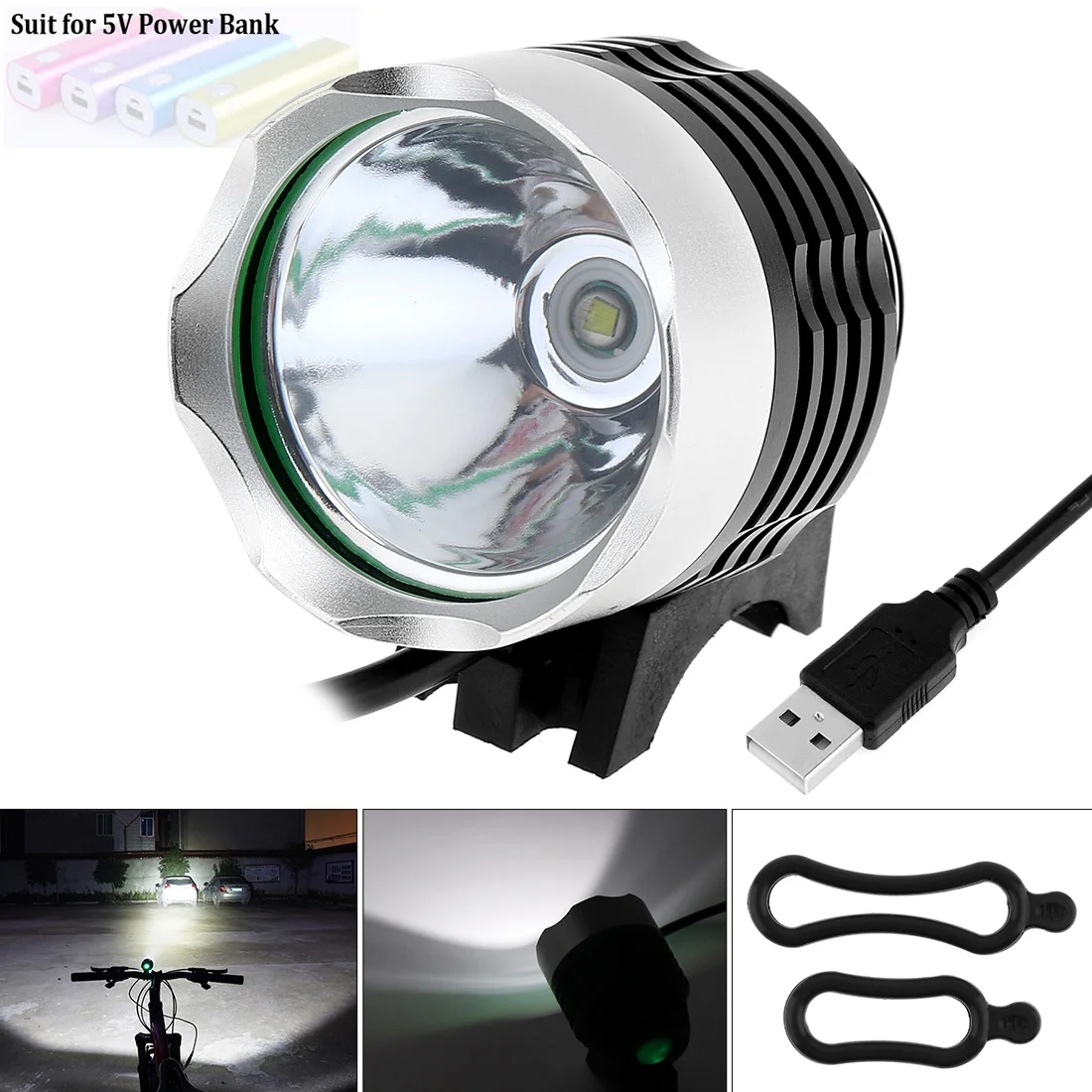 USB-powered 500LM Front LED Bicycle Head Light with 3 Modes