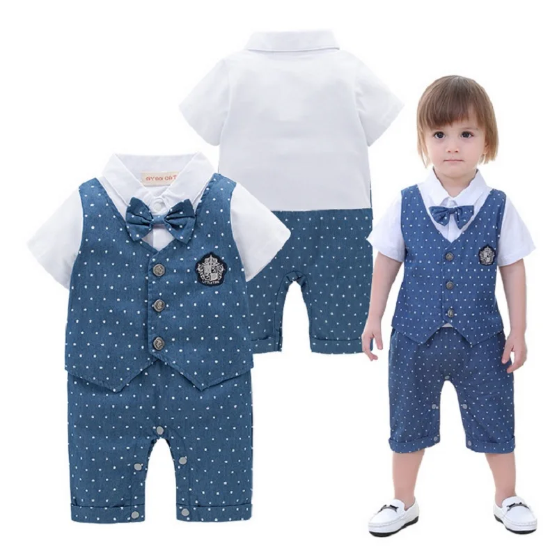 

Baby Boy Tuxedo Costume Romper Gentleman Dot Vest Infant Shortall Newborn Jumpsuits Evening Dress Clothes Handsome Outfit Robe