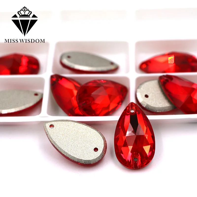 New High quality flatback glass crystal double hole sew on rhinestones Teardrop shape Red rhinestones diy clothing accessories