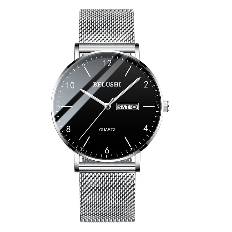 2023 Men Watch Ultra Slim Steel Mesh Quartz Wristwatch Dual Calendar Simple Black Clock Male Hodinky Man Watch Relogio Masculino