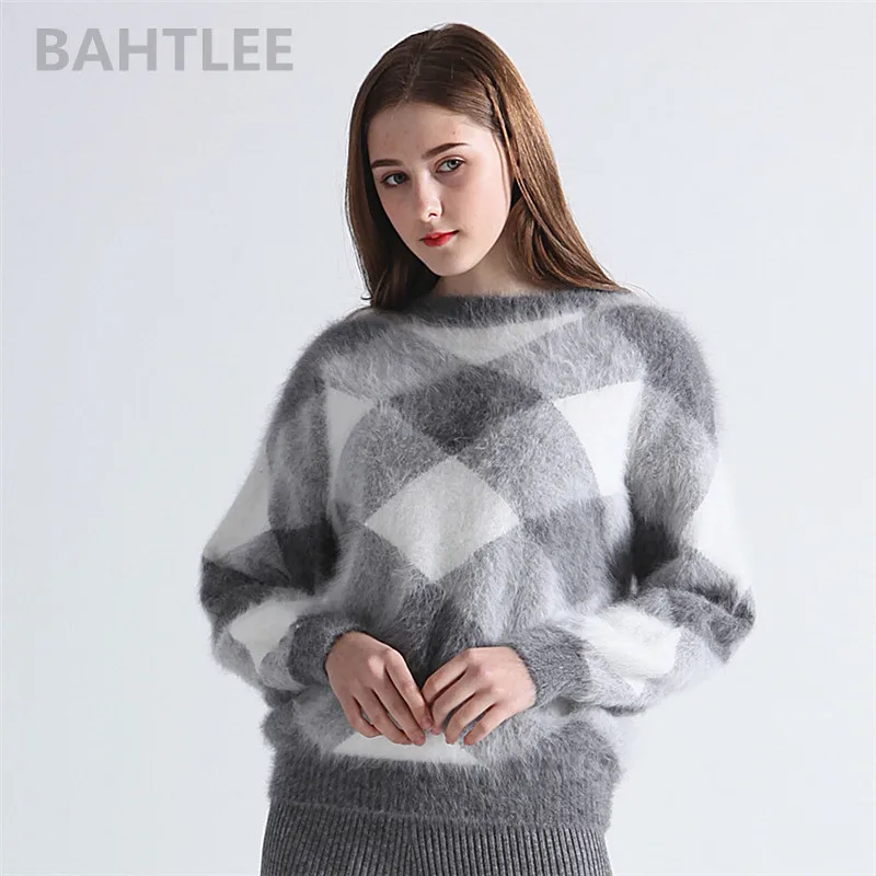 BAHTLEE-Women\'s Angora Rabbit Knitted Lantern Sleeves Pullovers, Sweater, Colorblock Diamond, Geometry Loose Style, Winter