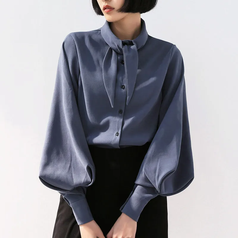 Elegant Lantern Sleeve Shirts Blue Black Bow Collar Solid Color Clothes Spring Long Sleeve Streetwear Women Tops And Blouses