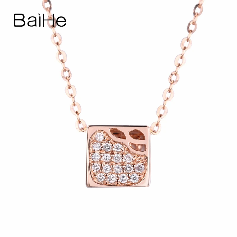 BAIHE Solid 18k Rose Gold SI/H Natural Diamond Square Pendant Necklace Women Men Fine Jewelry Trendy Алмаз алқа Шаршы алқа