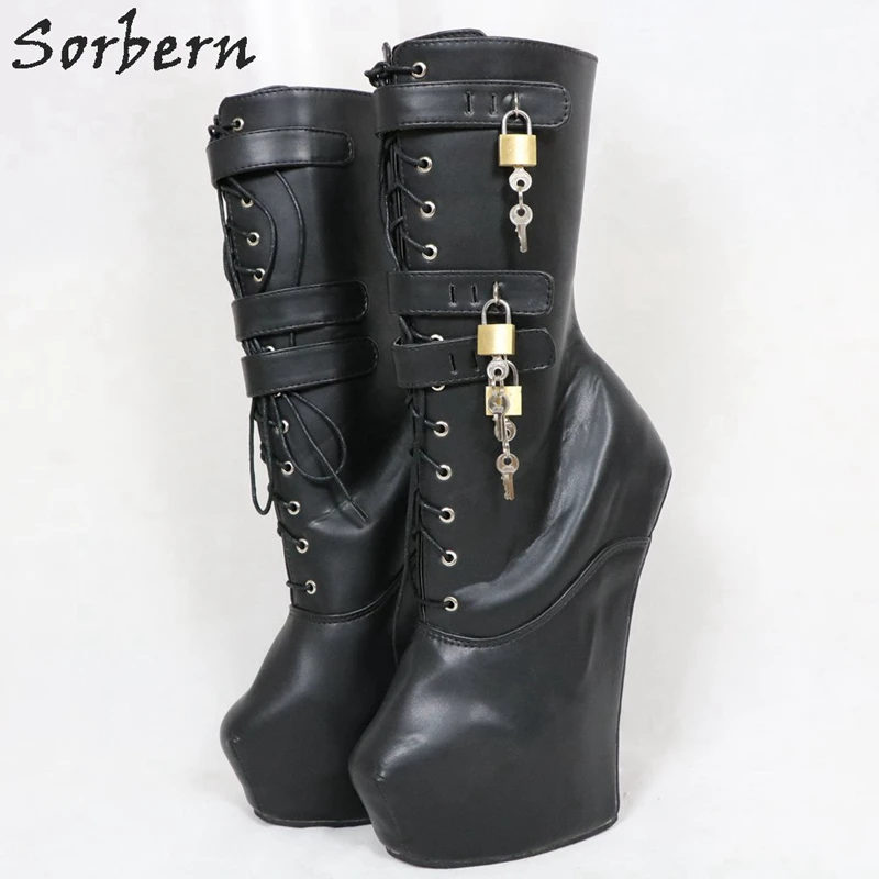 Sorbern Mid Calf Heelless Lockable Boots Women Hoof Shoes Ladies Custom Fetish Thick Heels Womens Boots Extreme High Heels