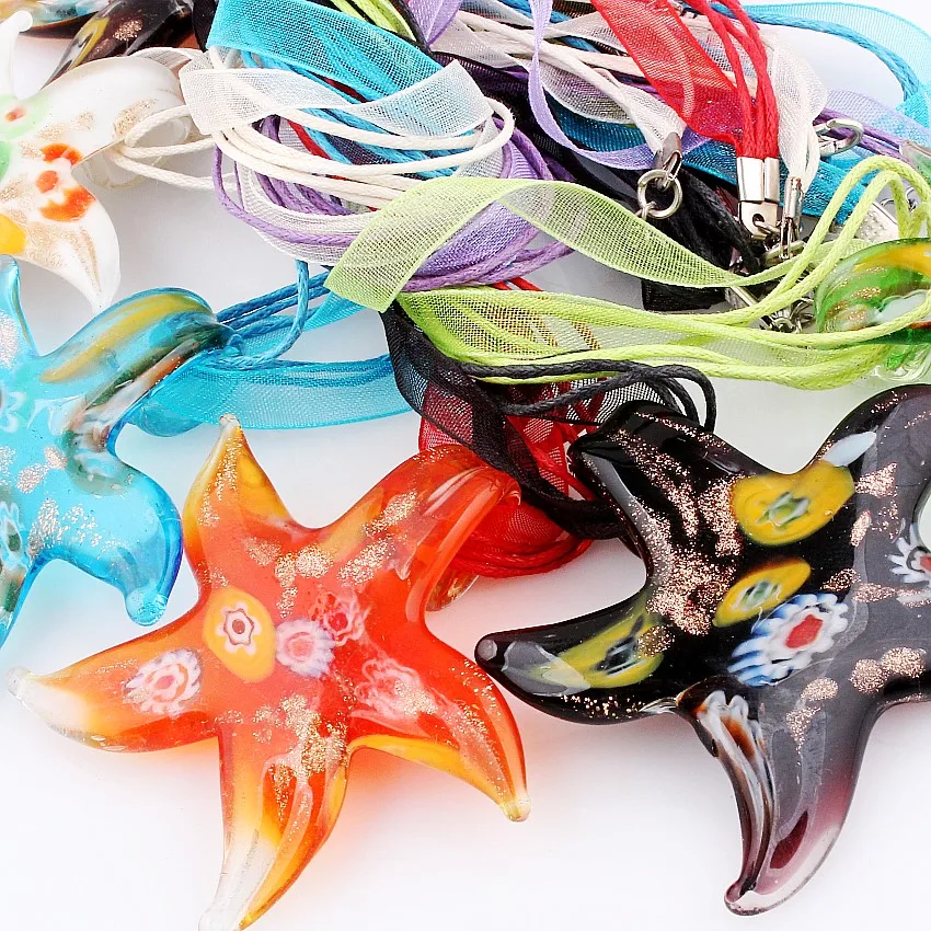 Fashion Beauty Wholesale 6pcs Handmade Murano Lampwork Glass Mix Color Millefiori Starfish Pendants Charms Necklace Hot sell