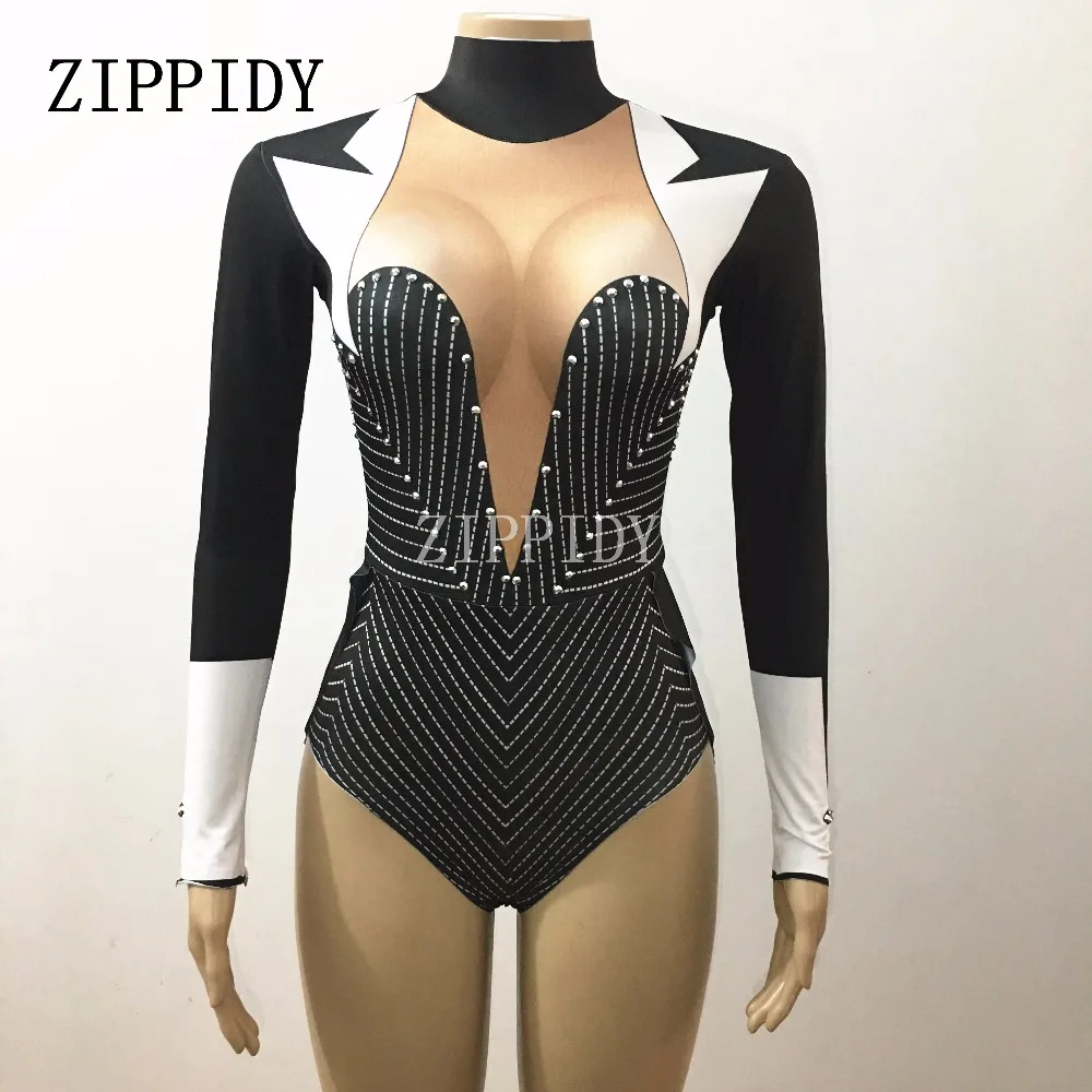 New Sexy Bling Rhinestones Black Bodysuit Teacher Series Tuxedo Costume Outfit Party Celebrate Wear Singer Performance Leotard