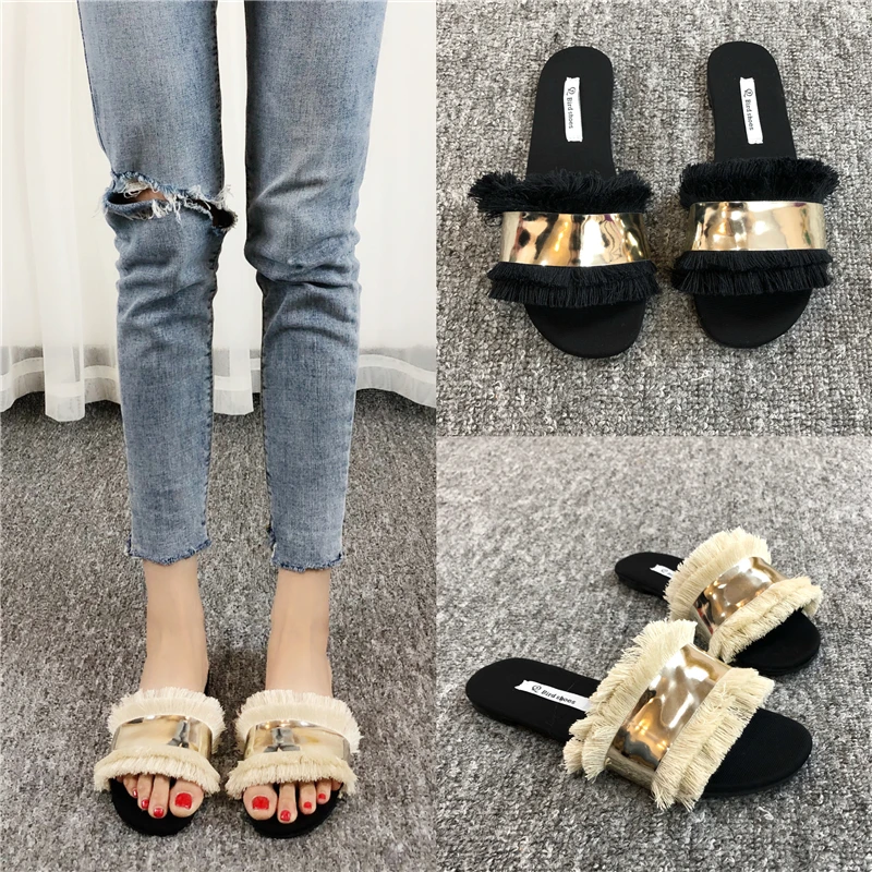 Cozy Shoes Women Slippers Fashion Metal Bling Slides Fur Fringe Flip Flops Summer Flat Slides Outside Ladies Shoes