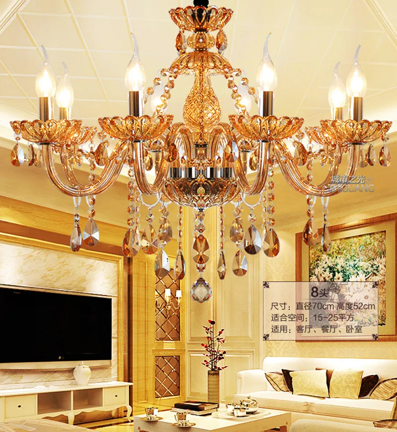 

Led Amber gold Chandelier lustre de cristal for Foyer parlor pendant Crystal chandelier Restaurant champagne crystal light E14