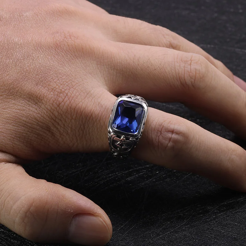 100% Real 925 Sterling Silver Rings For Men Blue Natural Crystal Stone Mens Ring Vintage Hollow Engraved Flower Fine Jewelry