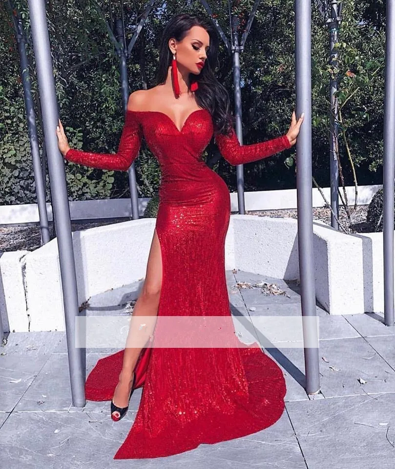 

Red Muslim Evening Dresses Mermaid V-neck Long Sleeves Sequins Sparkle Islamic Dubai Saudi Arabic Long Formal Evening Gown