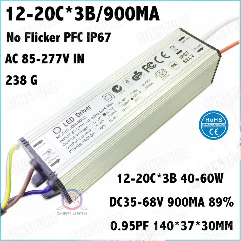 

2 Pcs No Flicker IP67 PFC>0.9 60W AC85-277V LED Driver 12-20Cx3B 900mA DC35-68V Constant Current For Spotlights Free Shipping