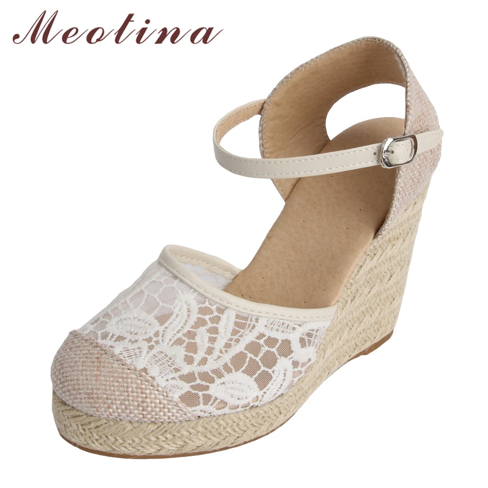 Meotina Espadrille Platform Wedges Sandals Women Summer Bohemia Lace High Heels Sexy Female Sandals Wedding Shoes Big Size 34-43