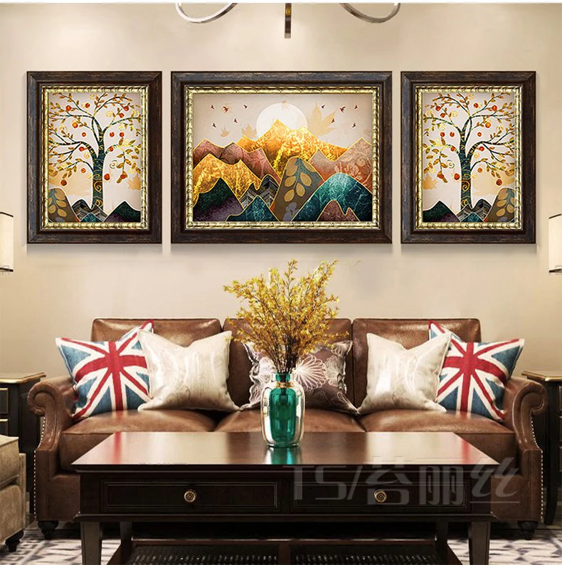 EECAMAIL American Light Lluxury Retro Living Room Triptych Diamond Embroidered Abstract Rich Tree Landscape Diamond Painting