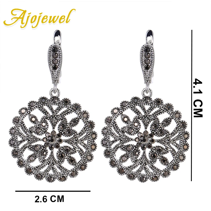 Ajojewel Big Round Earring For Women High Quality Black Crystal Rhinestone Flower Ear Drop Fashion Jewellery