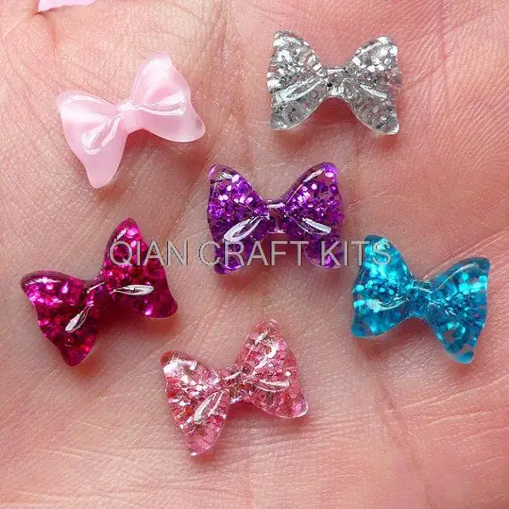 

400pcs Tiny Bow Bowtie Cabochon Set with Glitter (12mm) Fake Miniature Cupcake Topper Earring Making Nail Art Decoration