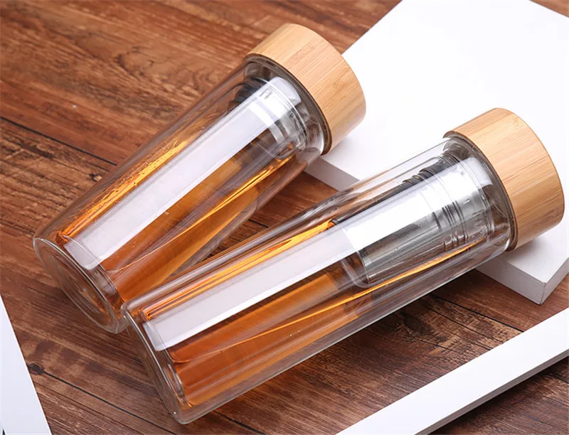Fruit Tea Bottle Glass Bottle Water Bottle Infuser With Filter Strainer Borosilica Double Wall Drink Bamboo Lid Travel Drinkware