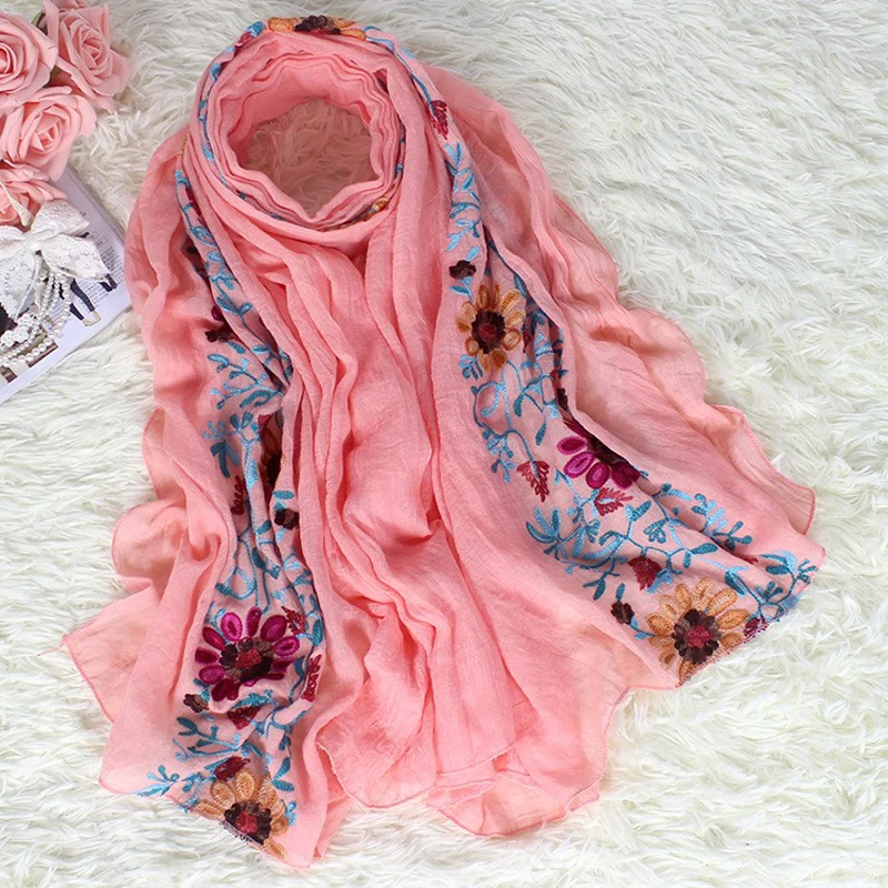 الجملة جديد وصول 10 قطعة المرأة القطن الكتان الباشمينا كيب اليدوية التطريز زهرة Mujer Bufanda اللفاع وشاح الموضة