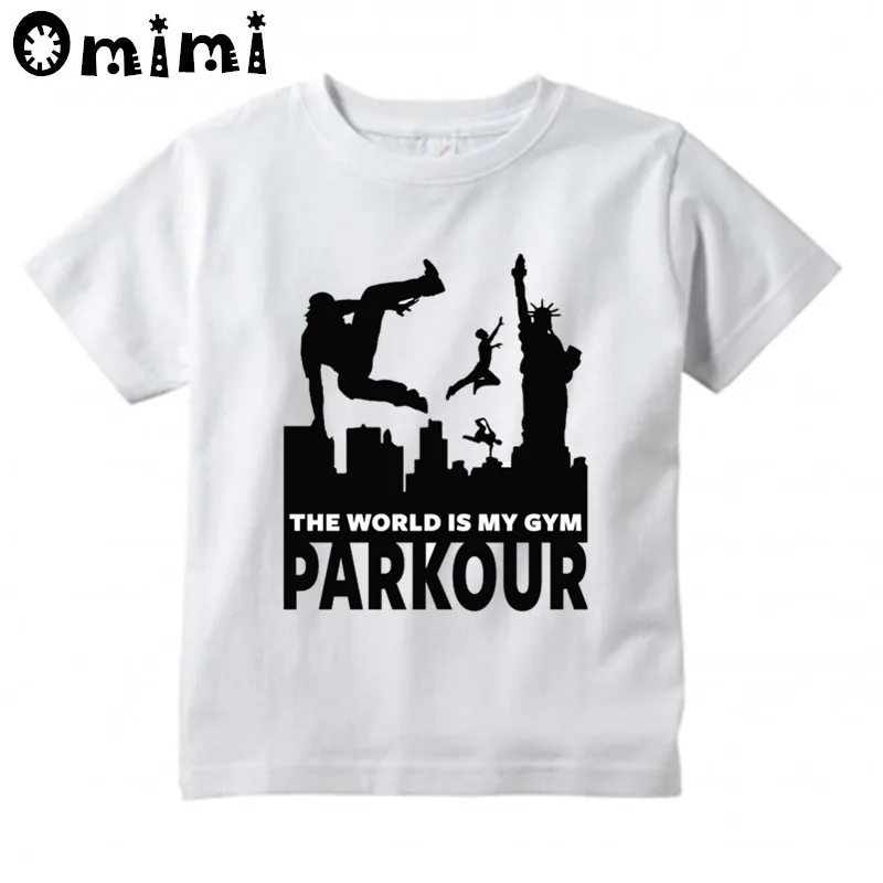 T-shirt de Parkour infantil, tops de manga curta para meninos e meninas, tops brancos engraçados, kawaii, grandes crianças, ooo6056