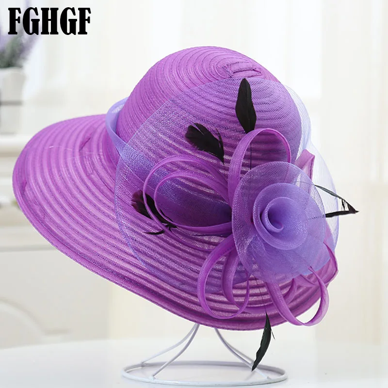 Elegant Summer Wide Brim Women Hat Big Satin Flower Ribbon Feather Floppy Beach Sun Hat Kentucky Derby Wedding Church Hats