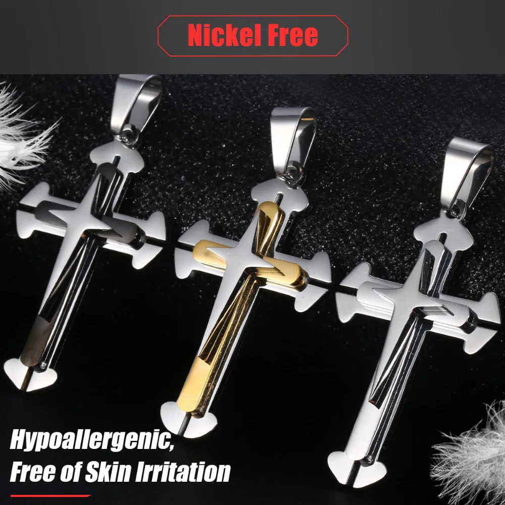 Davieslee 15 Styles Stainless Steel Cross Pendant for Men Gold Silver Color Multi Layers Clear CZ Trendy Jewelry DLKPP1