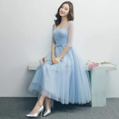 

SW1969 Light Blue Pink Bridesmaid Dresses Princess Robe Lace Up Illusion Tulle Grey Wedding Party Gown Graduation Dress