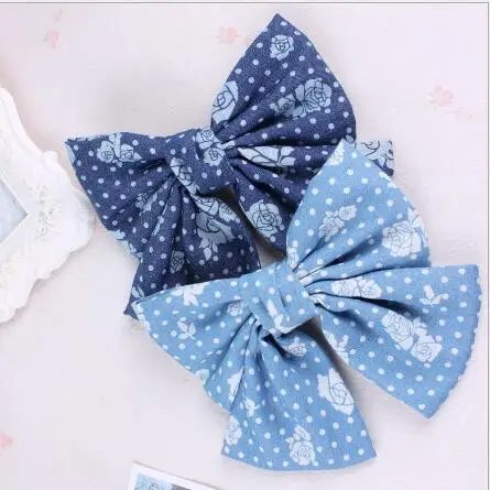 2017 New 10pcs Jean Rose Flower/Dots Hairpins Handmade Blue Denim Hair Clips Hairgrips Girls Women Big Bowknot Hair Accessories