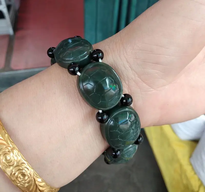 Wonderful Nature Dark Green Jade Bracelet Amulet Handwark Carved Turtle Beads Bangle