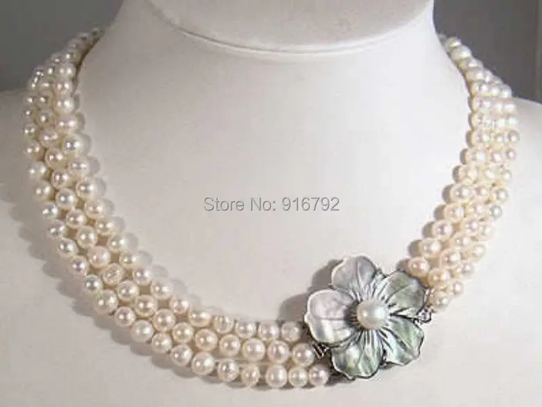 

3Rows 7-8mm White Akoya Pearl Necklace Shell Clasp AA+