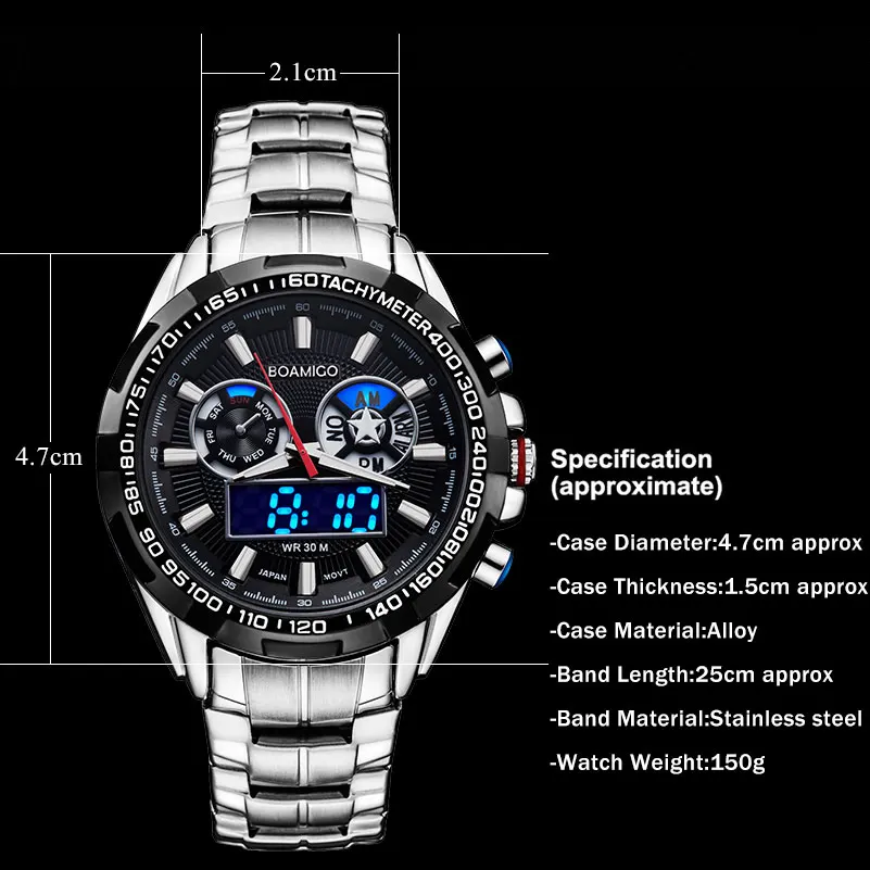 men sport watches military steel digital watch Luminous hand quartz watch 2017 BOAMIGO silver gift 30m waterproof wristwatches