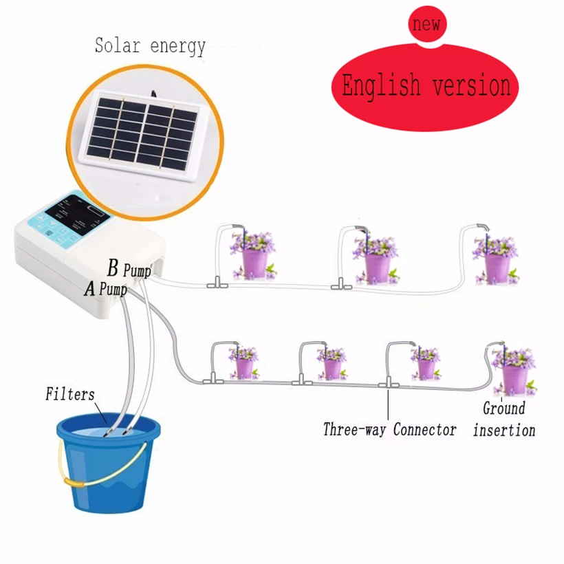 

English Speaking Garden watering system Solar Drip-irrigation Set Timer system1/2 Water-pump Automatic use For flower Potted