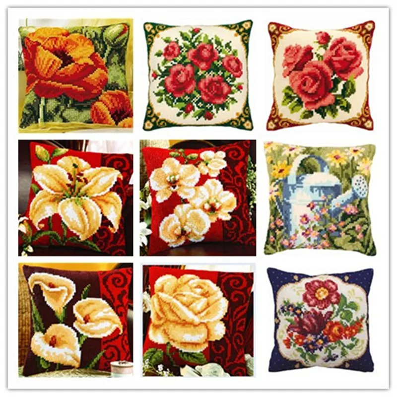 

Cross Stitch Pillow Mat DIY Craft Flower Latch Hook Kit 42CM by 42CM Needlework Crocheting Cushion Embroidery