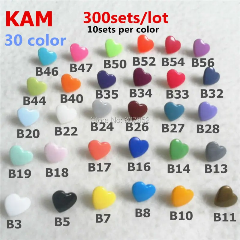 ( 30 color mixed ) 300sets Heart shape KAM Plastic resin Snaps Buttons Fasteners for Baby Diaper  10sets/color