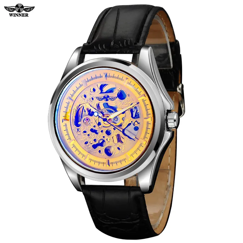 

WINNER china brand men luxury automatic self wind watches creative skeleton dial silver case transparent glass leather band