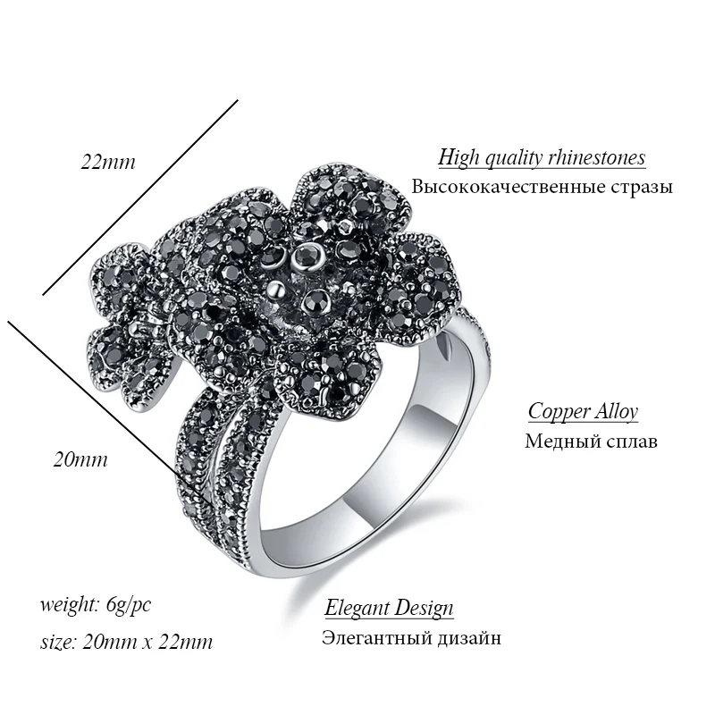 Ajojewel Brand Size 7-9 Vintage Double Flowers Ring Retro Black Rhinestone Flower Jewelry Copper Alloy