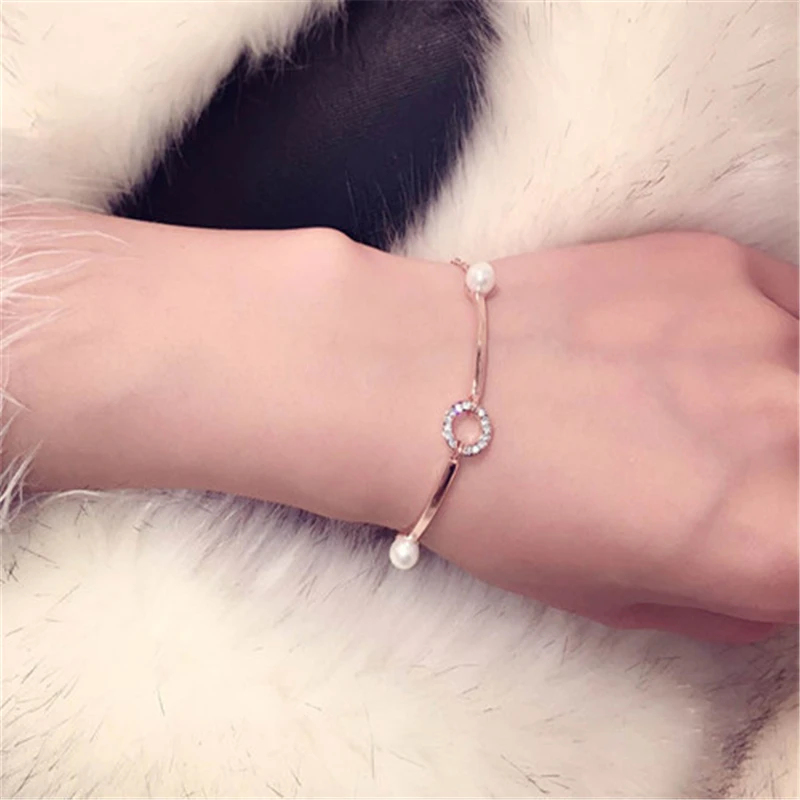 NAWEILY Brand Crystal Circle Charm Bracelet New Fashion Gold Color Simulated Pearl Bracelets Bangles For Women Female Best Gift