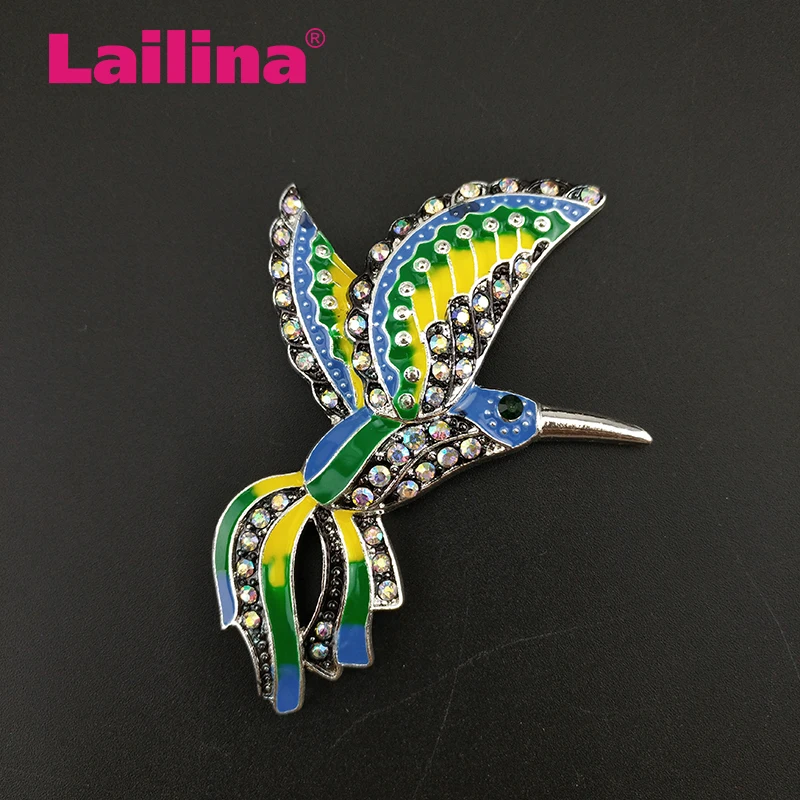 Fashion 100pcs/lot 72mm Rhinestone hummingbird brooch Pin colorful enamel Animal bird Brooch