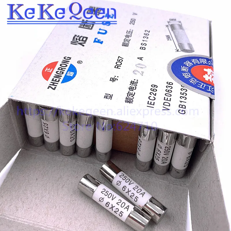 100PCS 6*25mm ceramic fuse 6*25 Ceramic insurance tube 6x25MM 0.5A 1A 2A 3A 5A 6A 7A 8A 10A 15A 20A 25A 250V RO57 fuse BS1362